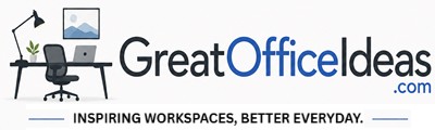 GreatOfficeIdeas.com logo featuring a modern blue and black workspace design with a desk, office chair, lighting, and stylish typography.
