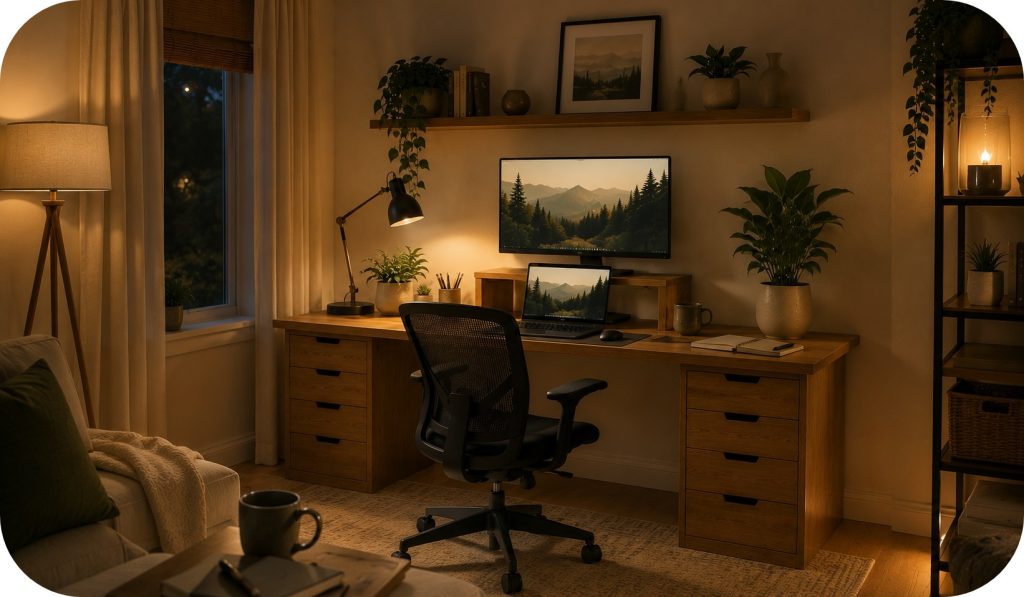 Warm evening home office with ambient lighting, monitor above laptop, ergonomic chair, floating shelf, plants, notebook, and desk lamp creating a comfortable workspace.