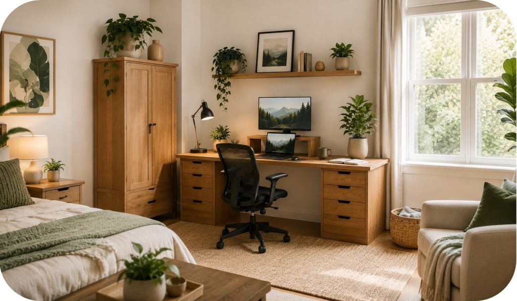 Guest bedroom and home office combination featuring a workstation built from drawer cabinets and a desktop, monitor and laptop setup, ergonomic chair, and large sunlit windows.