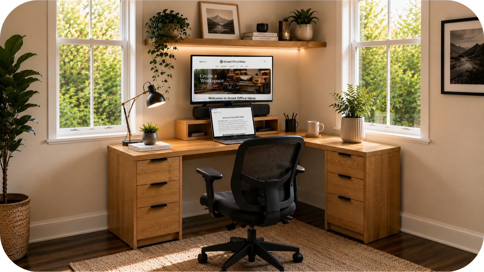Modern corner home office with an L-shaped oak desk, laptop, wall-mounted monitor displaying a website, ergonomic chair, plants, and warm natural light.